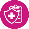 Icono de cruz escudo médico rosa con portapapeles detrás